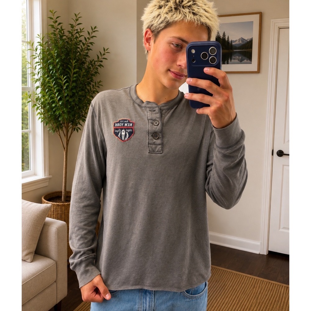 Vintage Y2K Old Navy Mens L Gray Henley Long Sleeve Shirt New York Athletic Dept